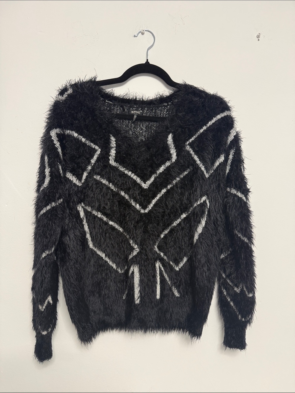 Buffalo David Bitton Black Fuzzy Crewneck with White Geometric Trim